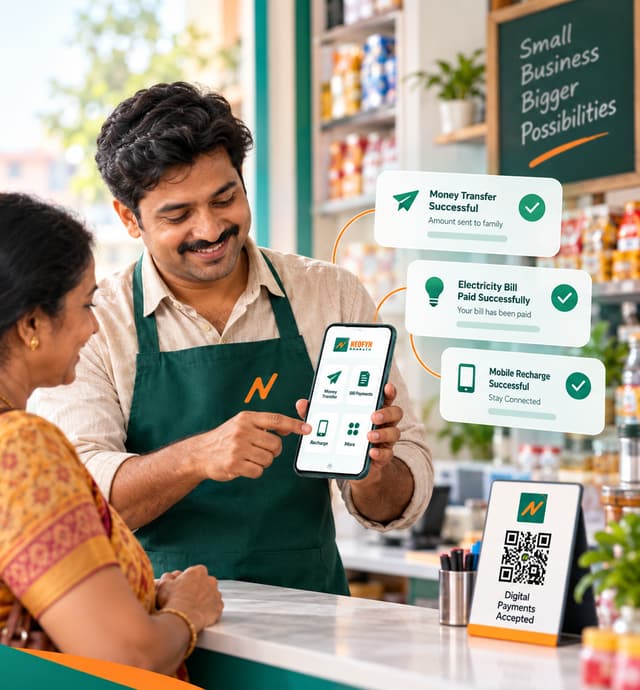 NeoFyn retailer helping a customer complete a digital payment on his phone