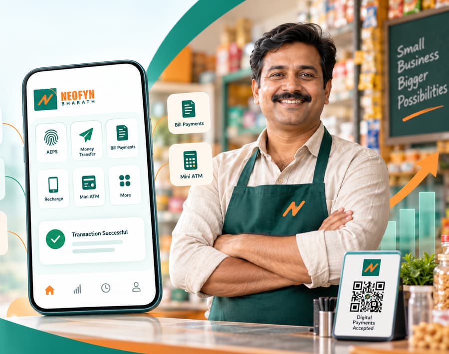 Smiling retailer at his store counter with the NeoFyn app offering AEPS, money transfer, bill payments and recharge