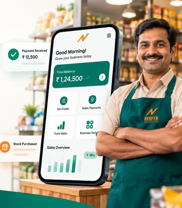 NeoFyn partner app showing total balance, payments received and a sales overview