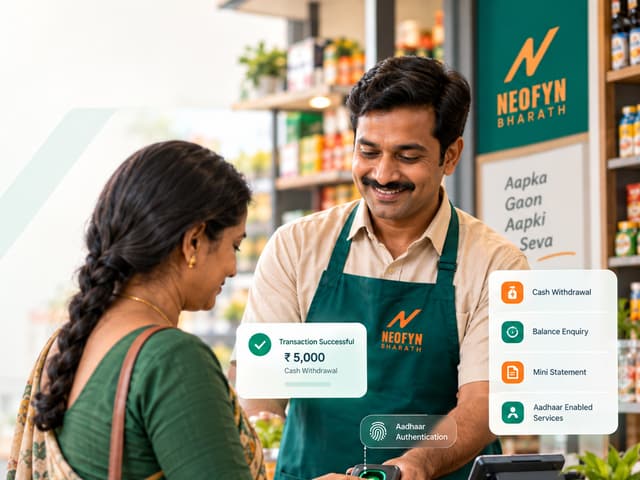Retailer assisting a customer with Aadhaar-based cash withdrawal